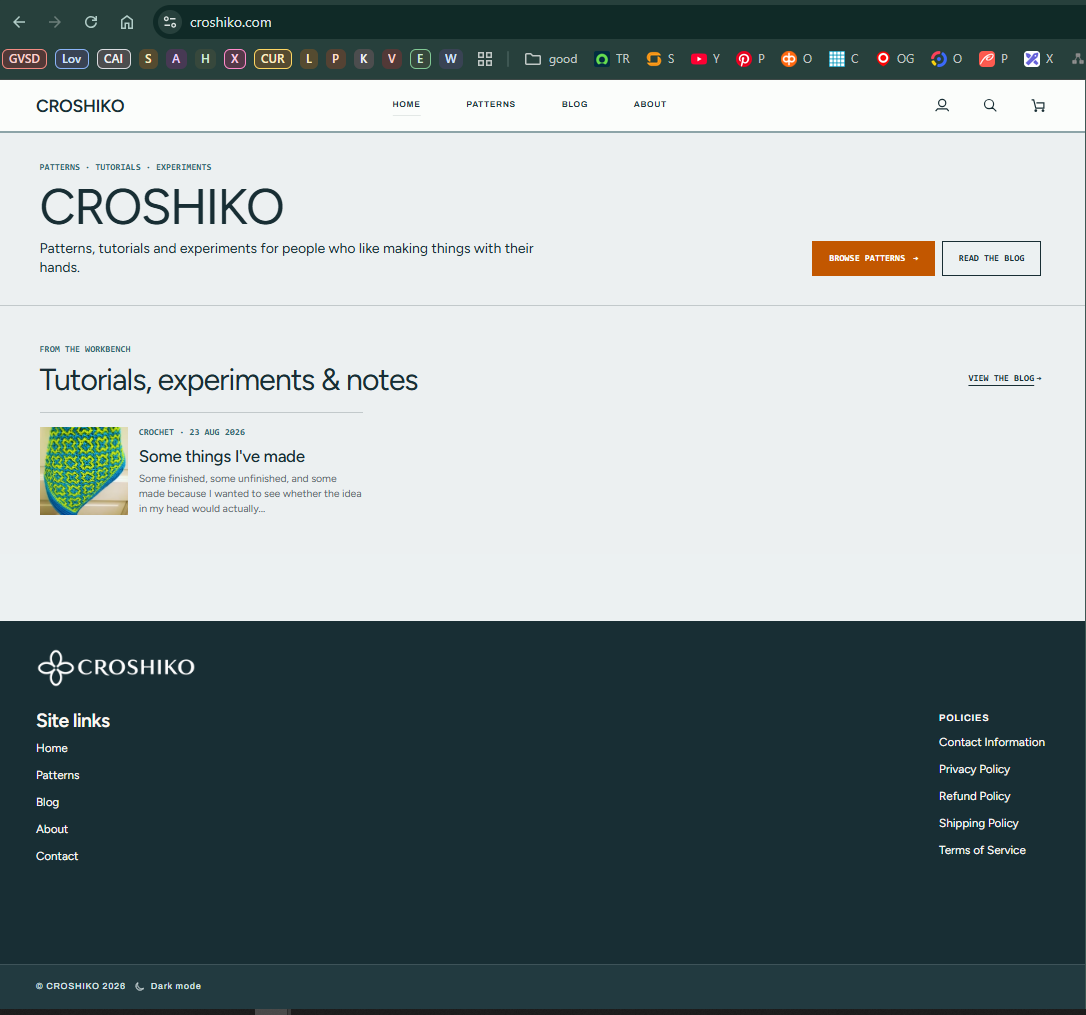 CROSHIKO Shopify home page with patterns, tutorials, experiments, blog content and a dark teal footer