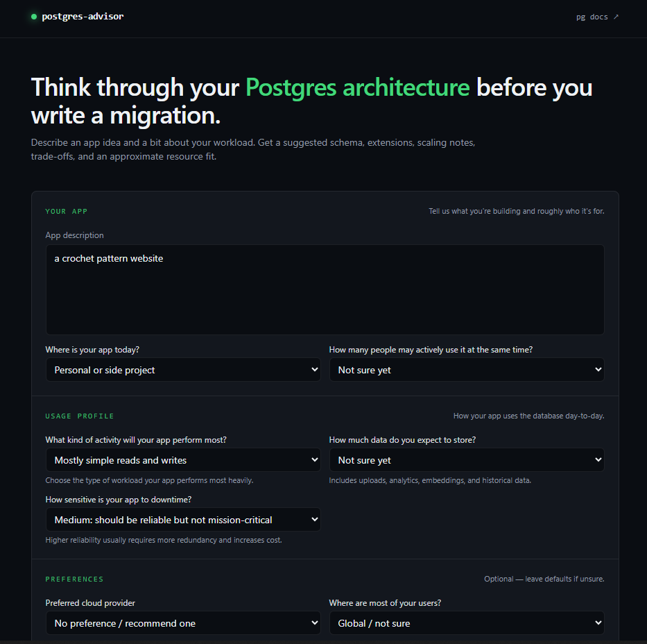 PostgreSQL advisor asking about an application, workload, reliability, cloud, users and budget