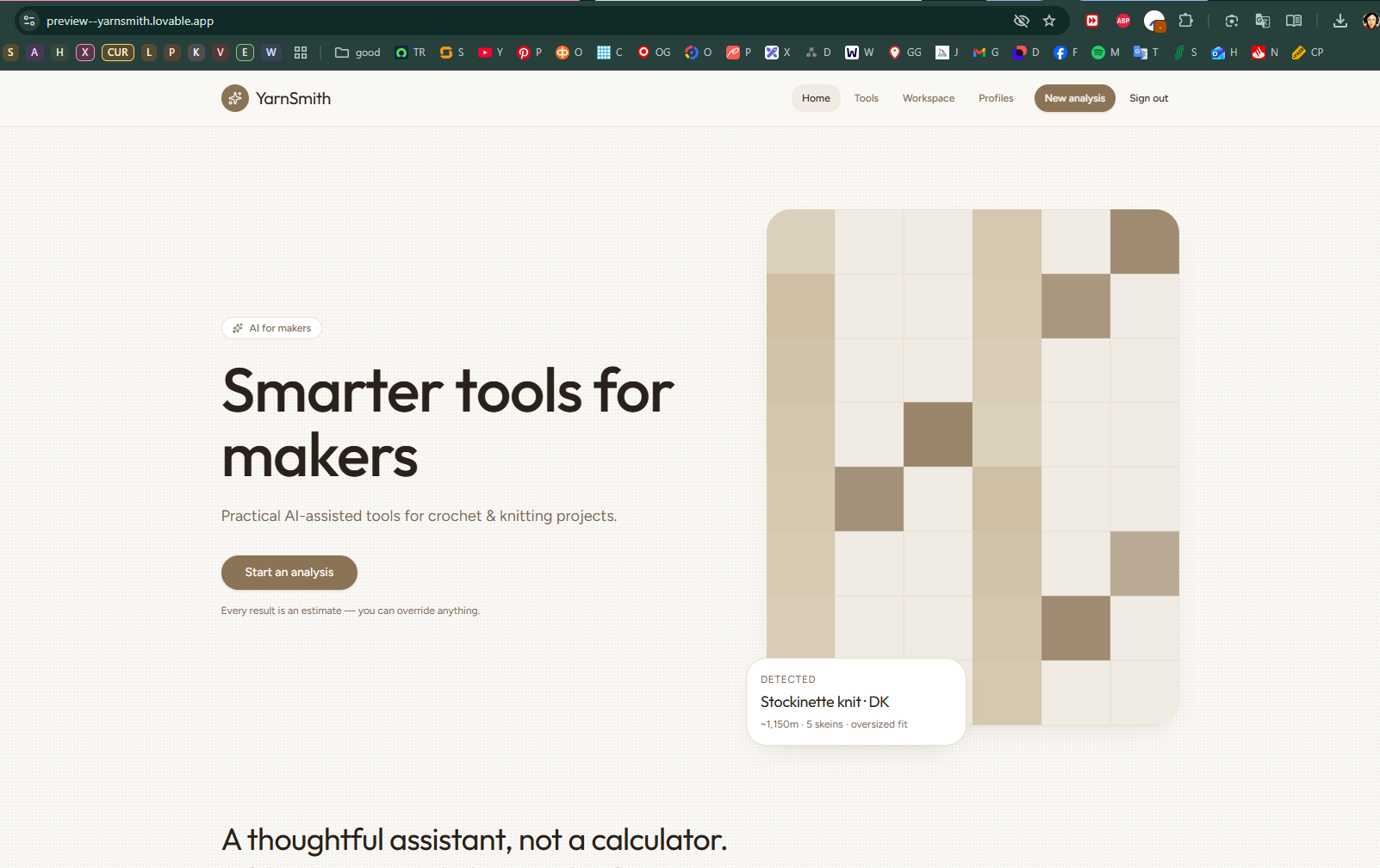 YarnSmith home page introducing practical AI-assisted tools for crochet and knitting